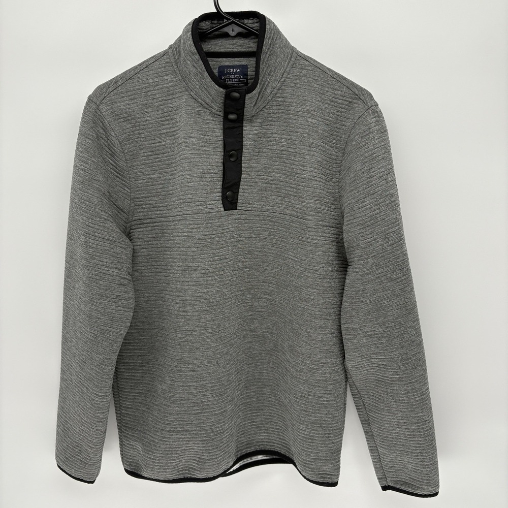 J Crew Authentic Fleece Ribbed Quarter Snap Pullover Gray Textured Men Small